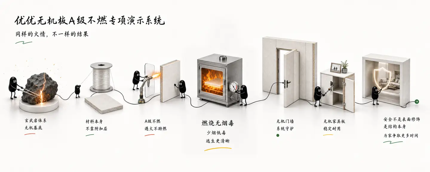 优优无机板A级不燃专项演示系统燃烧无烟毒小黑长卷故事图