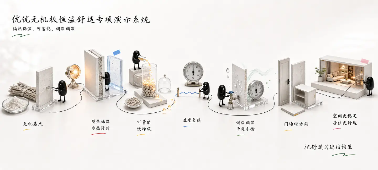 优优无机板隔热保温可蓄能调温调湿专项演示系统小黑长卷故事图